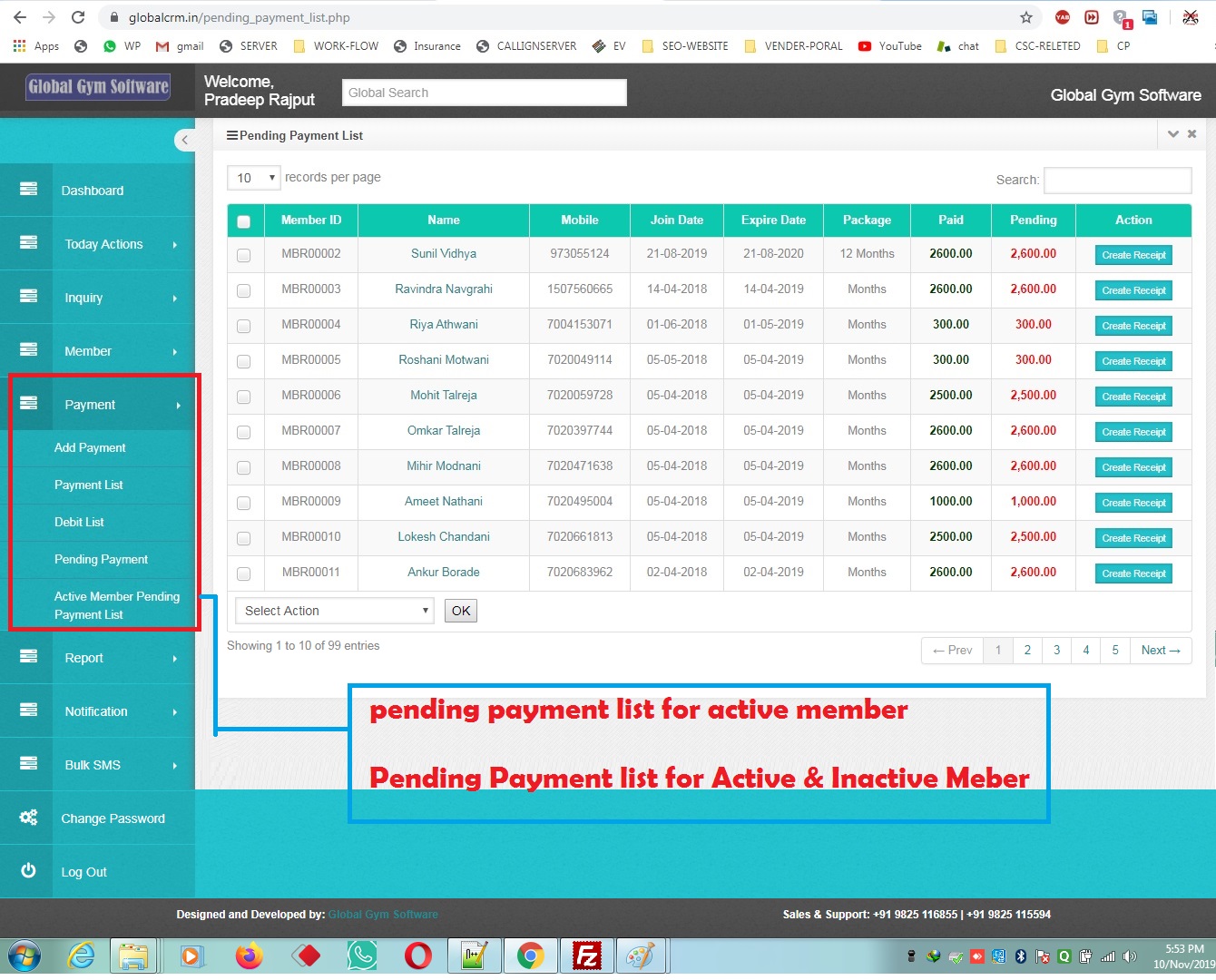 pending payment list active member and inactive member